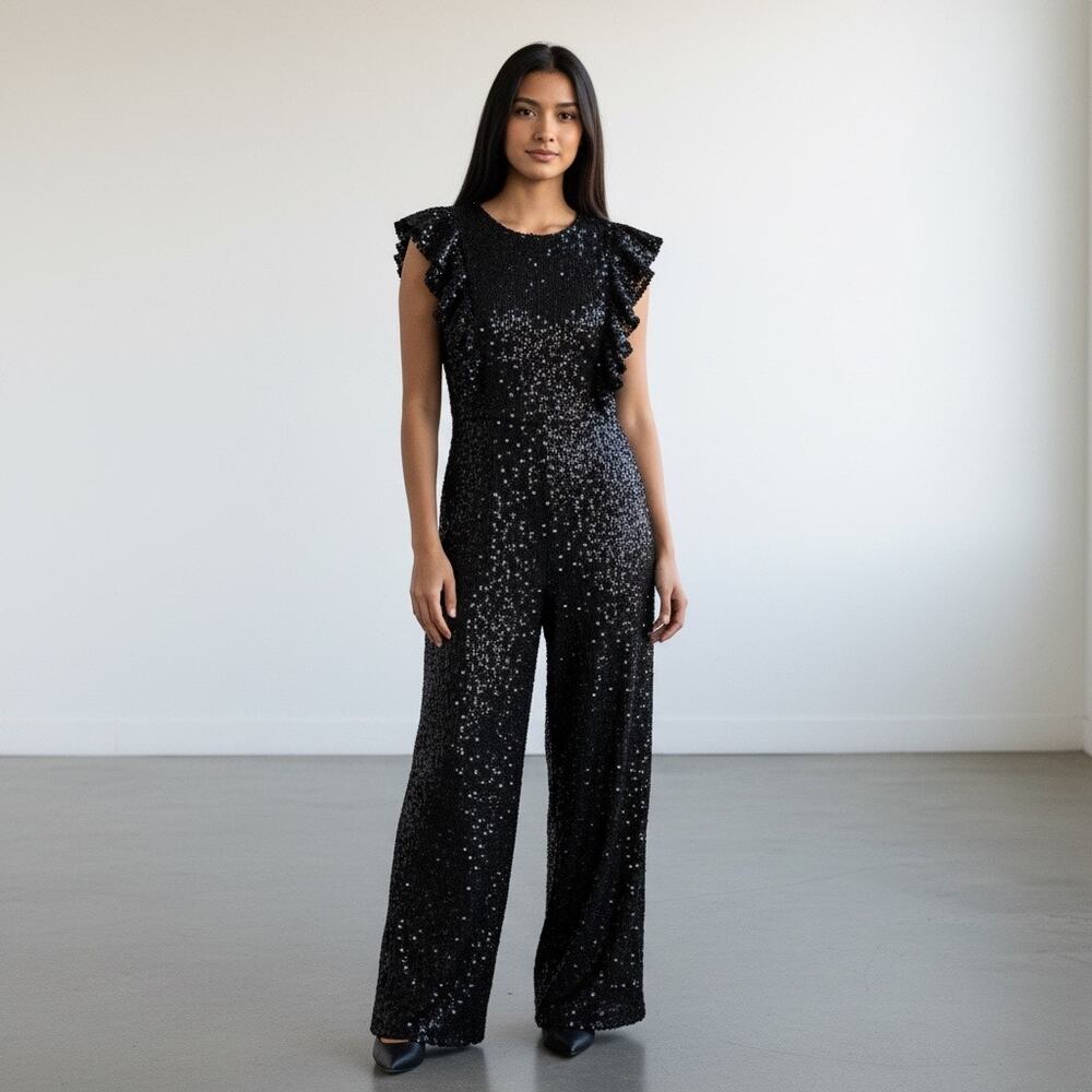 CB Girls Youth Teen Black Ruffle Sleeves Full Sequins Wide Leg Jumpsuit Size 14